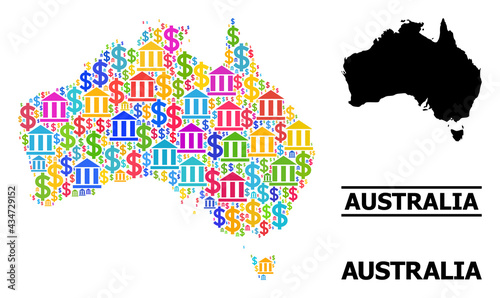 Bright colored banking and dollar mosaic and solid map of Australia. Map of Australia vector mosaic for promotion campaigns and posters.