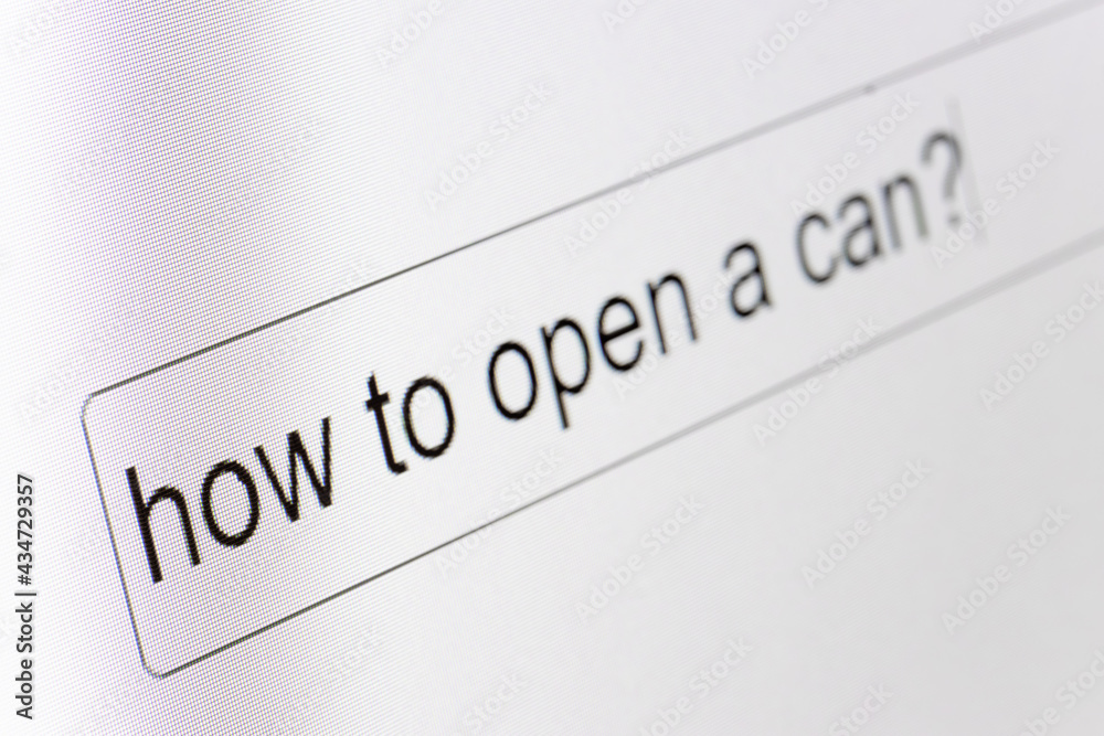 Search bar on a computer monitor with the question How to open a can. Searching for information on the Internet, close up. Search bar on a computer monitor with the question How to open a can. Searching for information on the Internet, close up.