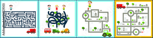 Mini games collections with cars for development. I spy. Maze. Colorful vector illustration in flat style.
