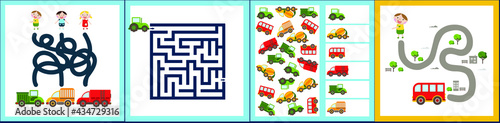 Mini games collections with cars for development. I spy. Maze. Colorful vector illustration in flat style.