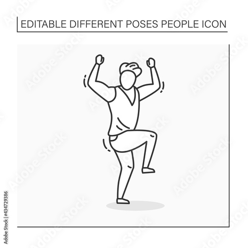  Person pose line icon. Man raised fist and one left leg up. Dancing. Satisfied. Looking directly.People poses concept. Isolated vector illustration