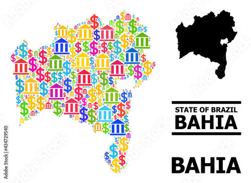 Colored bank and commerce mosaic and solid map of Bahia State. Map of Bahia State vector mosaic for promotion campaigns and promotion.