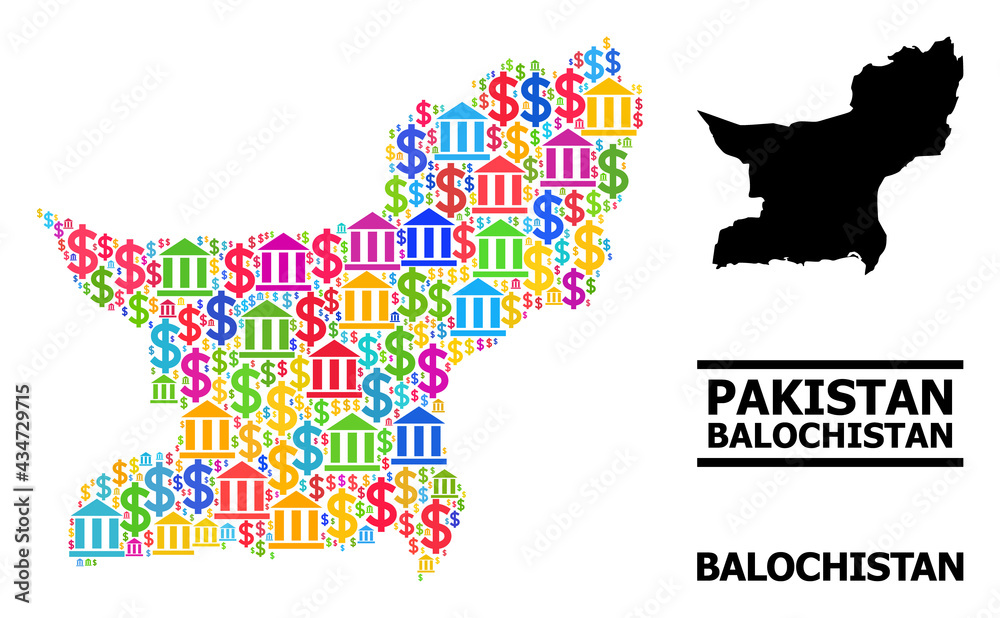 Bright colored bank and money mosaic and solid map of Balochistan