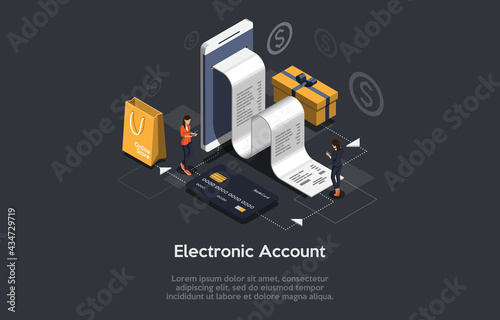 Isometric Composition On Dark Background With Text. Vector Illustration In 3D Style. Objects And Characters. Electronic Account Concept. Big Smartphone With Cheque. Credit Card, Shopping Bag, Gift Box