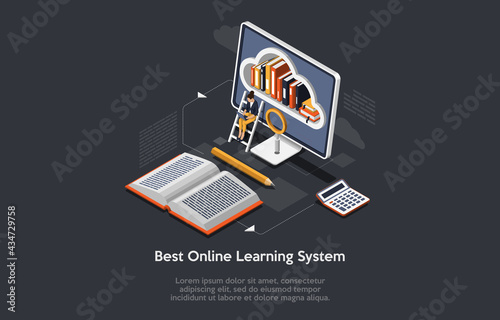 Isometric Composition On Dark Background With Text. Vector Illustration In 3D Style. Objects And Character. Online Learning System Concept. Computer, Cloud Library On Screen. Woman With Laptop Sitting
