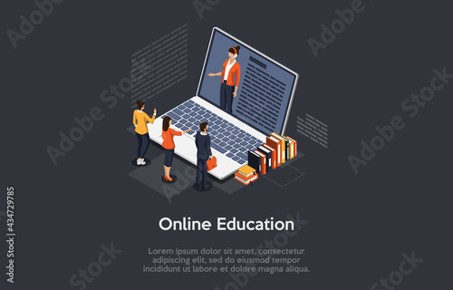 Isometric Composition On Dark Background With Text. Vector Illustration In 3D Style. Objects And Characters. Online Education Concept. Big Laptop, Female Tutor On Screen. Group Of People Standing Near