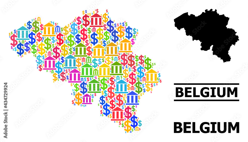 Bright colored bank and money mosaic and solid map of Belgium. Map of Belgium vector mosaic for ads campaigns and agitation. Map of Belgium is designed from bright colored dollar and bank items.
