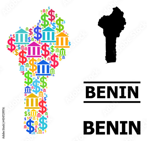 Bright colored bank and dollar mosaic and solid map of Benin. Map of Benin vector mosaic for business campaigns and purposes. Map of Benin is designed from bright colored dollar and bank parts. photo