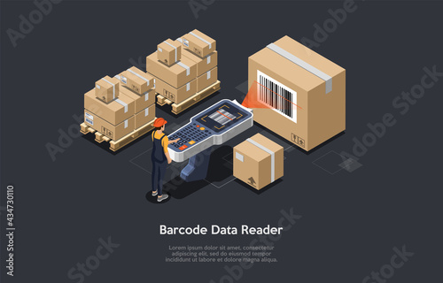 3d Composition, Vector Isometric Art. Cartoon Style. Barcode Data Reader Idea. Elements And Writings. Dark Background. Cardboard Boxes With Codes. Worker Scanning Them. Big Information Reader. Storage
