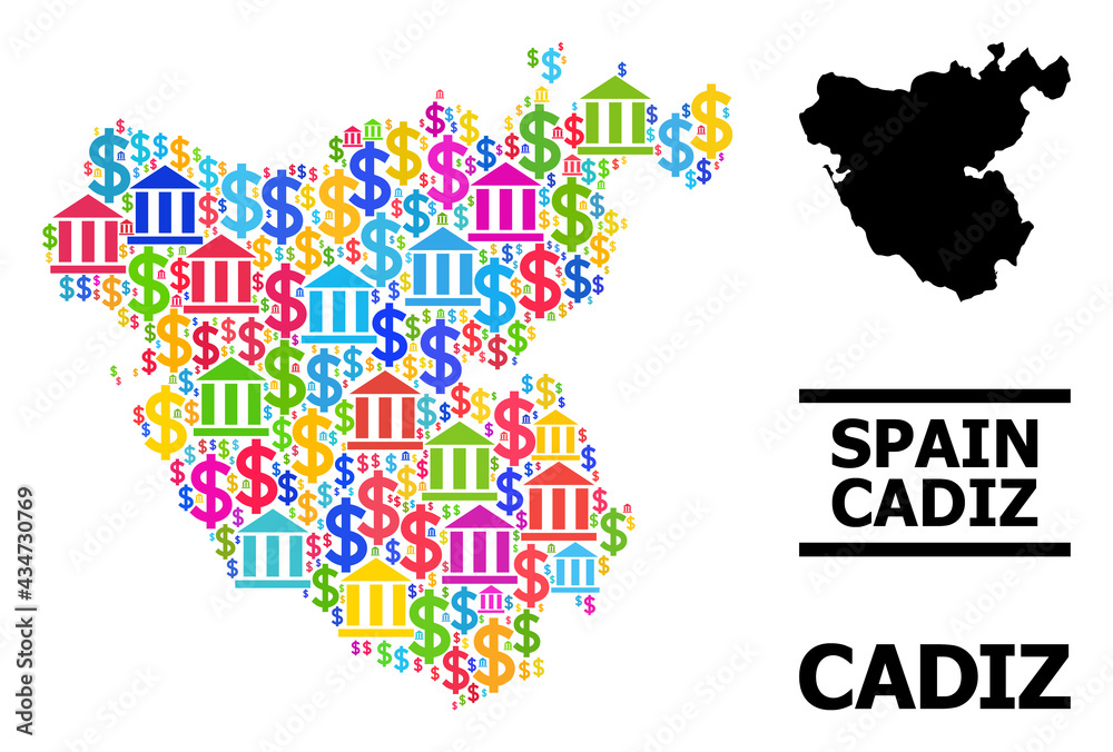 Colored bank and economics mosaic and solid map of Cadiz Province. Map of Cadiz Province vector mosaic for GDP campaigns and doctrines.