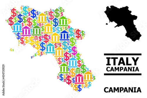 Vibrant banking and dollar mosaic and solid map of Campania region. Map of Campania region vector mosaic for promotion campaigns and doctrines.