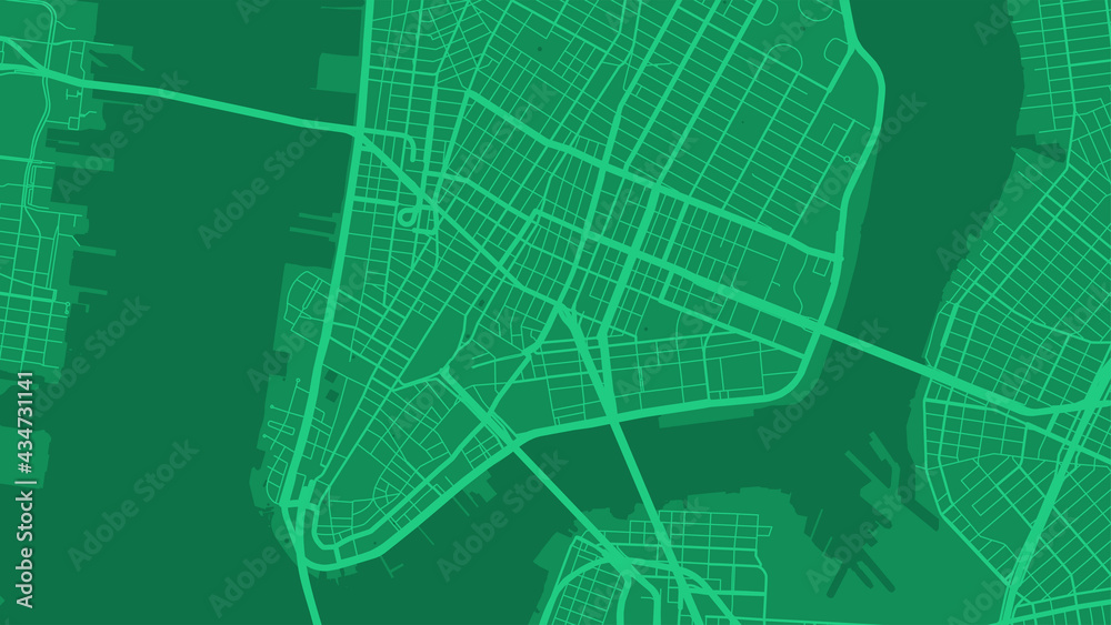 Green New York city area vector background map, streets and water cartography illustration.