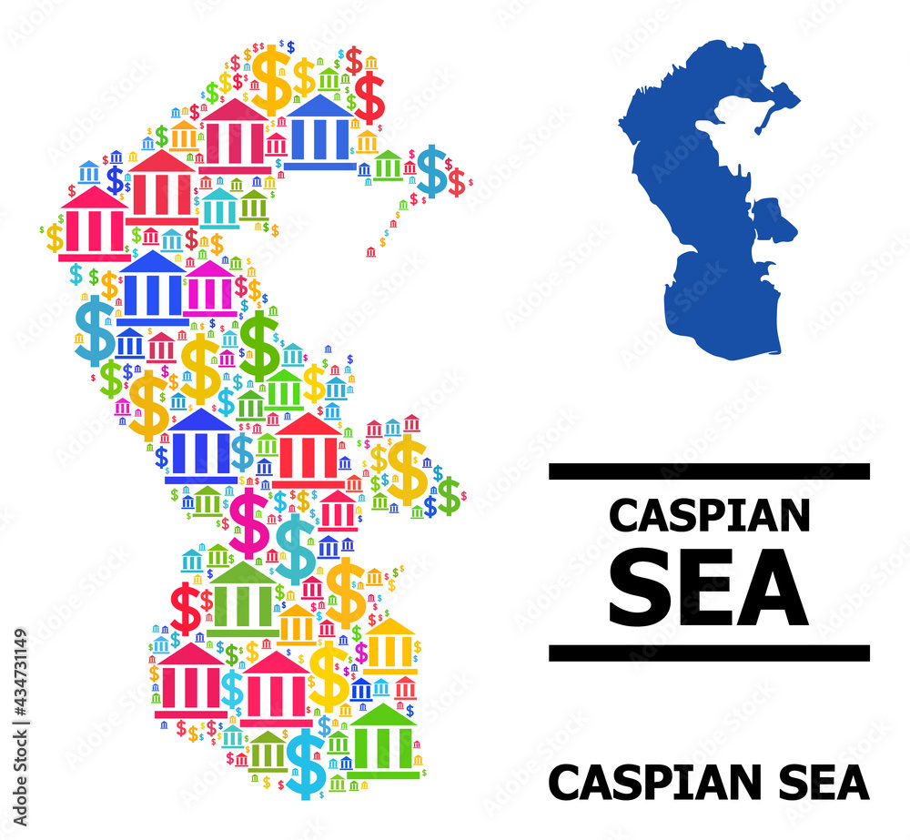 Obraz premium Bright colored finance and business mosaic and solid map of Caspian Sea. Map of Caspian Sea vector mosaic for business campaigns and promotion.
