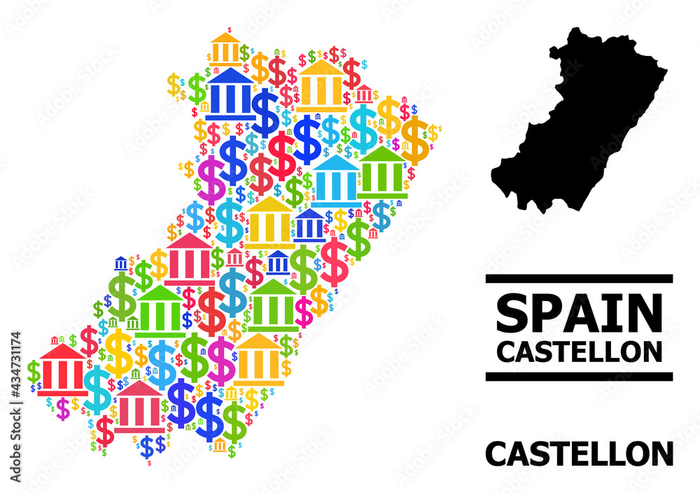 Obraz premium Colored bank and commercial mosaic and solid map of Castellon Province. Map of Castellon Province vector mosaic for advertisement campaigns and projects.
