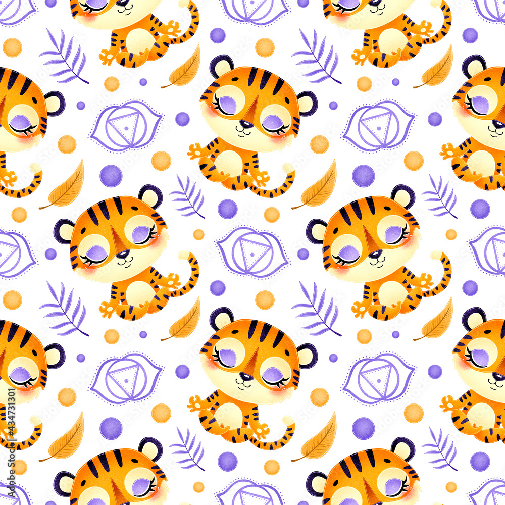 Cute cartoon jungle animals meditation seamless pattern. Yoga animals pattern. Tiger meditates pattern. Cute cartoon jungle animals meditation seamless pattern. Yoga animals pattern. Tiger meditates pattern.