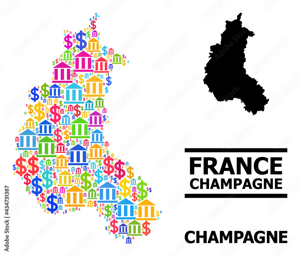 Colored bank and dollar mosaic and solid map of Champagne Province. Map of Champagne Province vector mosaic for promotion campaigns and applications.