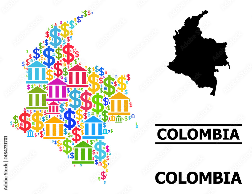 Colored bank and commercial mosaic and solid map of Colombia. Map of Colombia vector mosaic for business campaigns and applications. Map of Colombia is formed from colored dollar and bank particles.