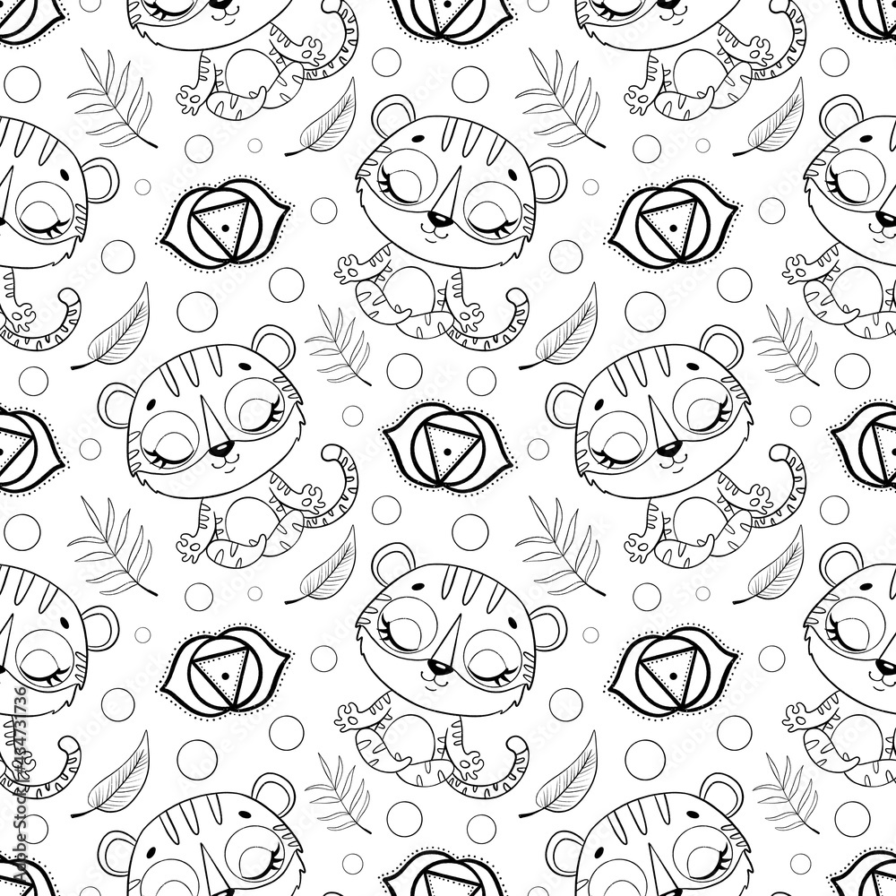 Cute cartoon jungle animals meditation seamless pattern. Doodle yoga animals pattern. Tiger meditates pattern. Coloring page