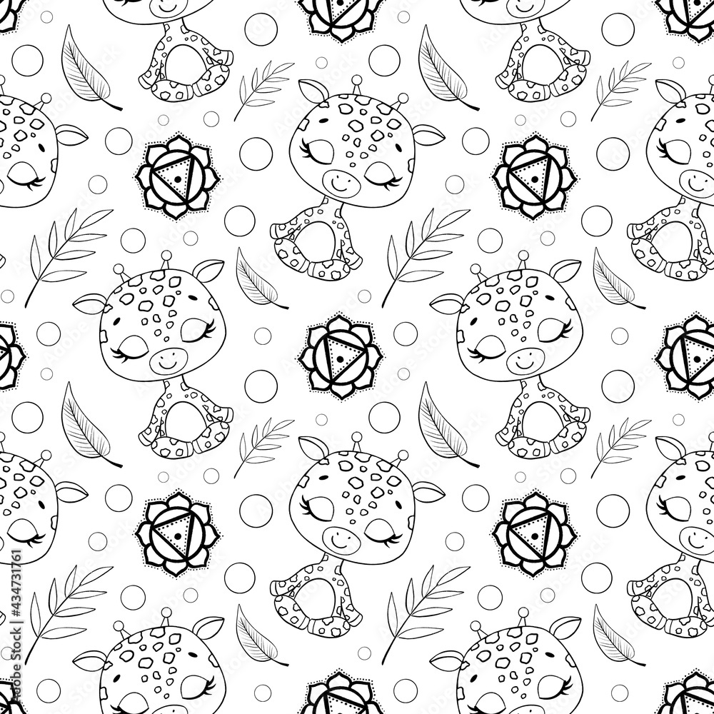 Cute cartoon jungle animals meditation seamless pattern. Doodle yoga animals pattern. Giraffe meditates pattern. Coloring page Cute cartoon jungle animals meditation seamless pattern. Doodle yoga animals pattern. Giraffe meditates pattern. Coloring page