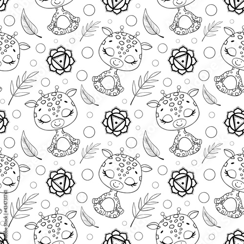 Cute cartoon jungle animals meditation seamless pattern. Doodle yoga animals pattern. Giraffe meditates pattern. Coloring page