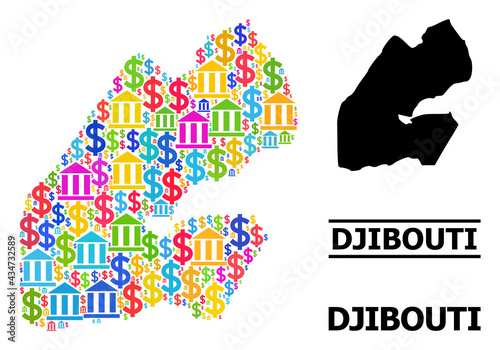 Colored bank and business mosaic and solid map of Djibouti. Map of Djibouti vector mosaic for ads campaigns and applications. Map of Djibouti is composed from colored dollar and bank particles.