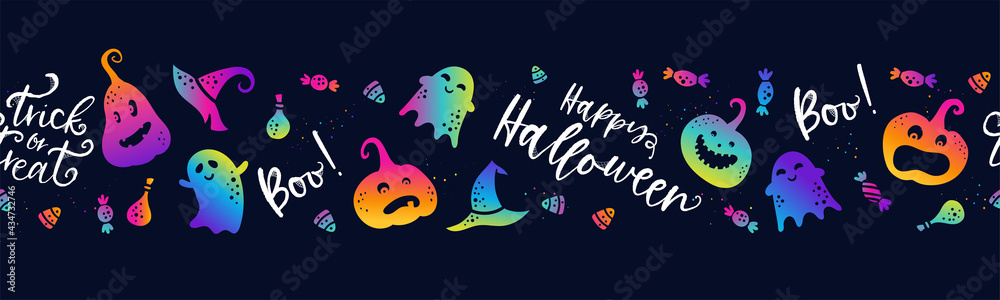 Fototapeta premium Cute hand drawn Halloween seamless pattern, funny pumpkin faces, great for textiles, banners, wallpapers, wrapping - vector design