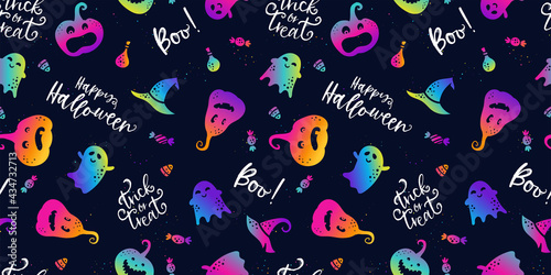 Cute hand drawn Halloween seamless pattern, funny pumpkin faces, great for textiles, banners, wallpapers, wrapping - vector design