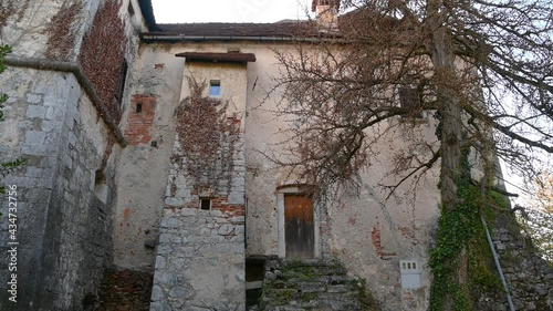 Gracar Turn castle in Slovenia. Beautiful and historic building. 14th century historic castle backyard walls. Wide angle, tilt up photo