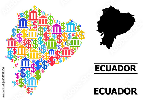 Colorful bank and dollar mosaic and solid map of Ecuador. Map of Ecuador vector mosaic for promotion campaigns and posters. Map of Ecuador is designed from colorful bank and dollar parts.