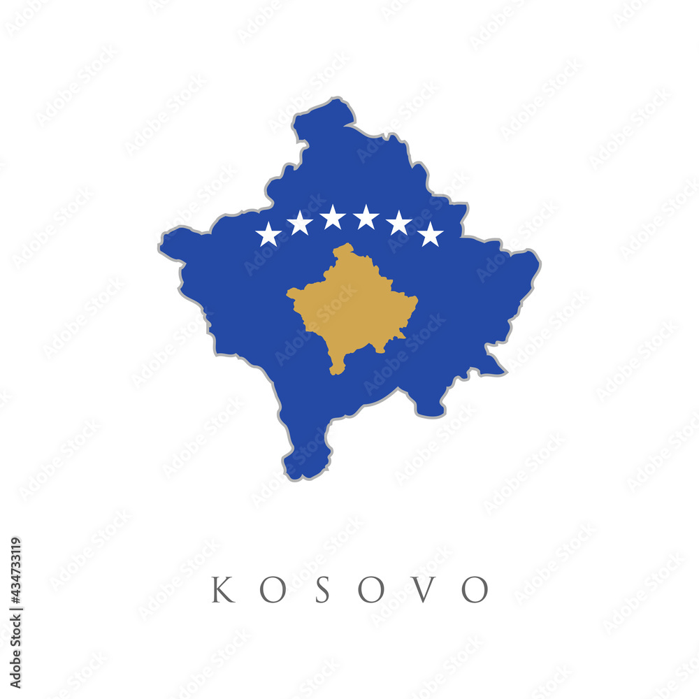 Vector illustration with Kosovo national flag with shape of this map. Map with flag of Kosovo isolated on white. National flag for country of Kosovo isolated