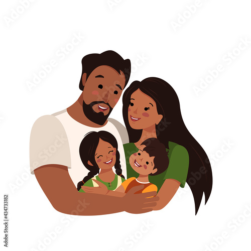 Happy African American or Latin family with dark skin and black hair together. International family day. Dad hugs mom and children. A group of people. Father, mother, daughter and son