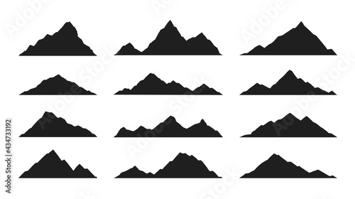 Mountain silhouette. Vector landscape with silhouette mountain peaks. Set of high mountains and rocky landscapes isolated on white background. Outdoor and hiking concept.Hand drawn rocky range, hills 