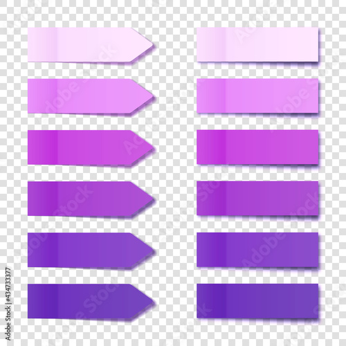 Realistic purple sticky notes collection. Arrow flag tabs. Post note stickers. Colorful sticky paper sheets. Vector illustration.