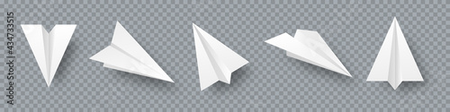 Realistic handmade paper planes collection on transparent background. Origami aircraft in flat style. Vector illustration.