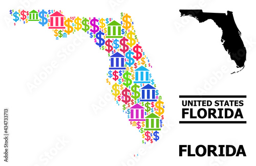 Multicolored bank and dollar mosaic and solid map of Florida State. Map of Florida State vector mosaic for promotion campaigns and promotion.