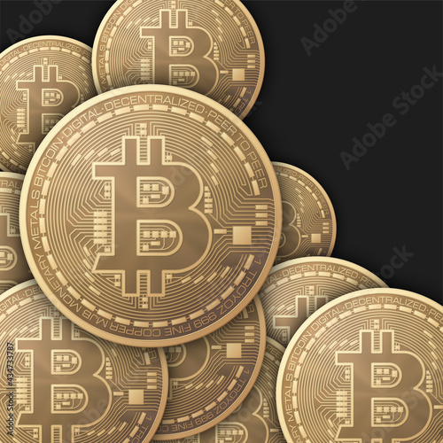 Bitcoin, internet currency coins pattern. Symmetrical scattered BTC coins. Big win or succe Fintech Blockchain vector banner