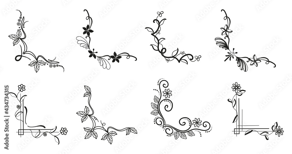 Vintage retro decorative floral corners. Thin line art style borders
