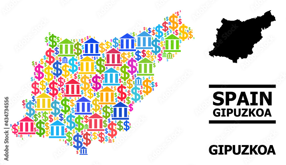 Multicolored bank and money mosaic and solid map of Gipuzkoa Province. Map of Gipuzkoa Province vector mosaic for GDP campaigns and projects.