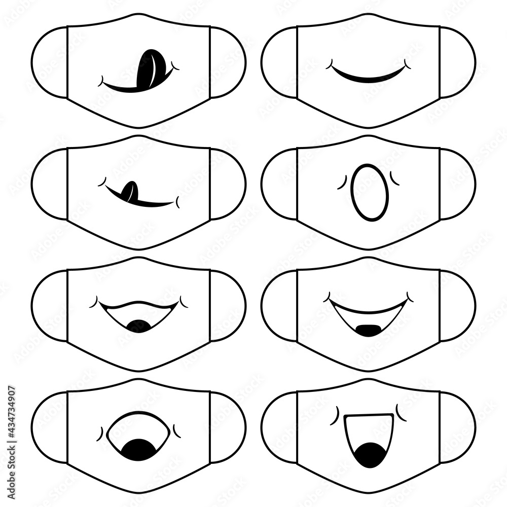 Set of designs of reusable mouth funny masks with smile on faces in vector. White face protection masks with simple prints. Isolated illustrations. 