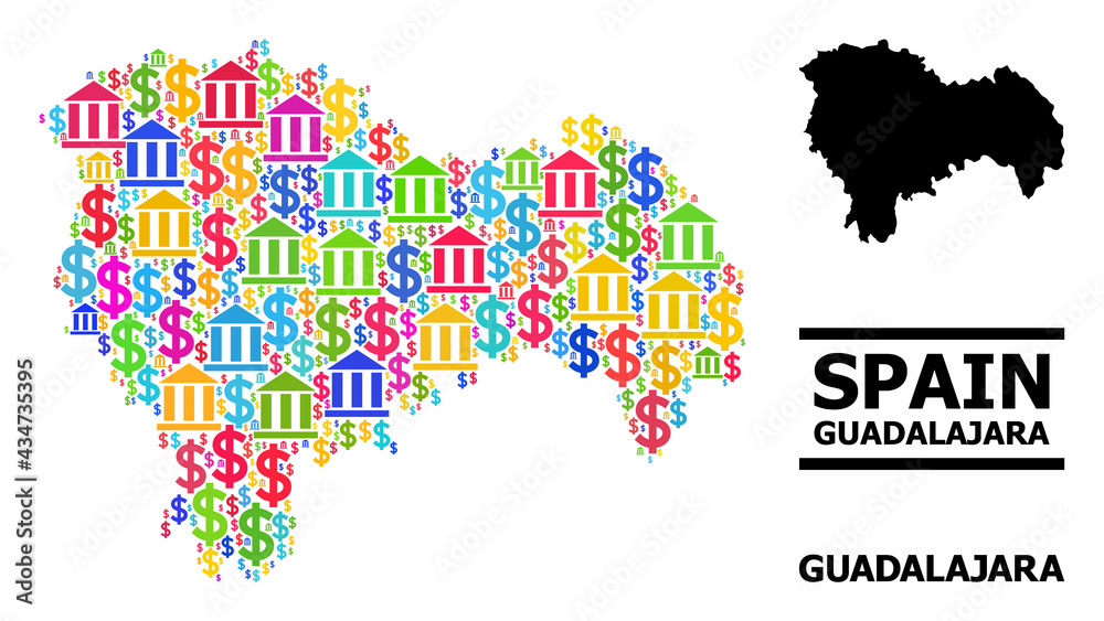 Obraz premium Colored bank and commercial mosaic and solid map of Guadalajara Province. Map of Guadalajara Province vector mosaic for promotion campaigns and purposes.