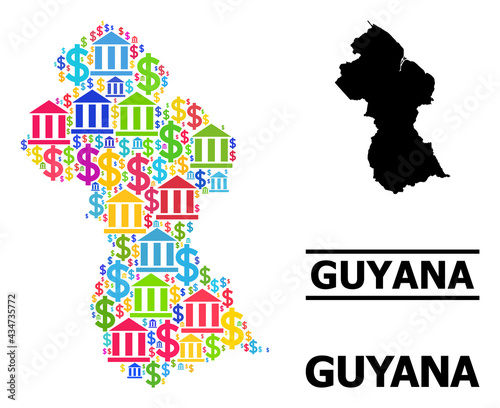 Bright colored bank and business mosaic and solid map of Guyana. Map of Guyana vector mosaic for business campaigns and promotion. Map of Guyana is created from multicolored dollar and bank ojects.
