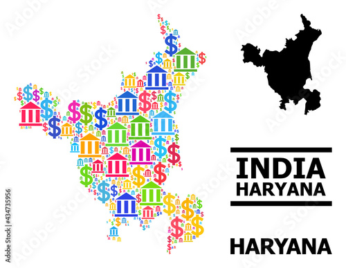 Colored bank and dollar mosaic and solid map of Haryana State. Map of Haryana State vector mosaic for ads campaigns and posters.