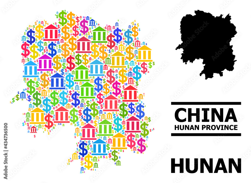 Fototapeta premium Colorful bank and dollar mosaic and solid map of Hunan Province. Map of Hunan Province vector mosaic for geographic campaigns and purposes.