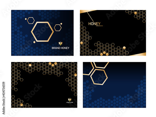Set horizontal Modern Honeycomb black background with golden honeycomb.