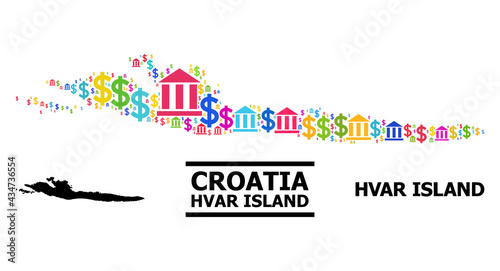 Multicolored bank and commerce mosaic and solid map of Hvar Island. Map of Hvar Island vector mosaic for business campaigns and promotion. photo