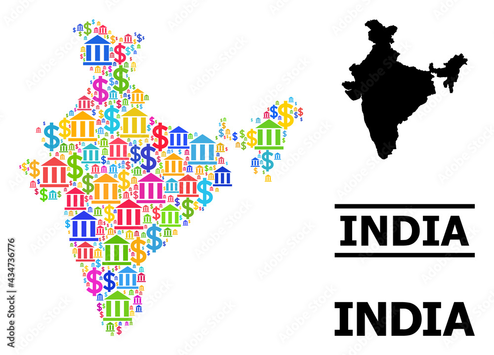 Naklejka premium Colorful bank and money mosaic and solid map of India. Map of India vector mosaic for geographic campaigns and agitprop. Map of India is created from colorful bank and dollar particles.