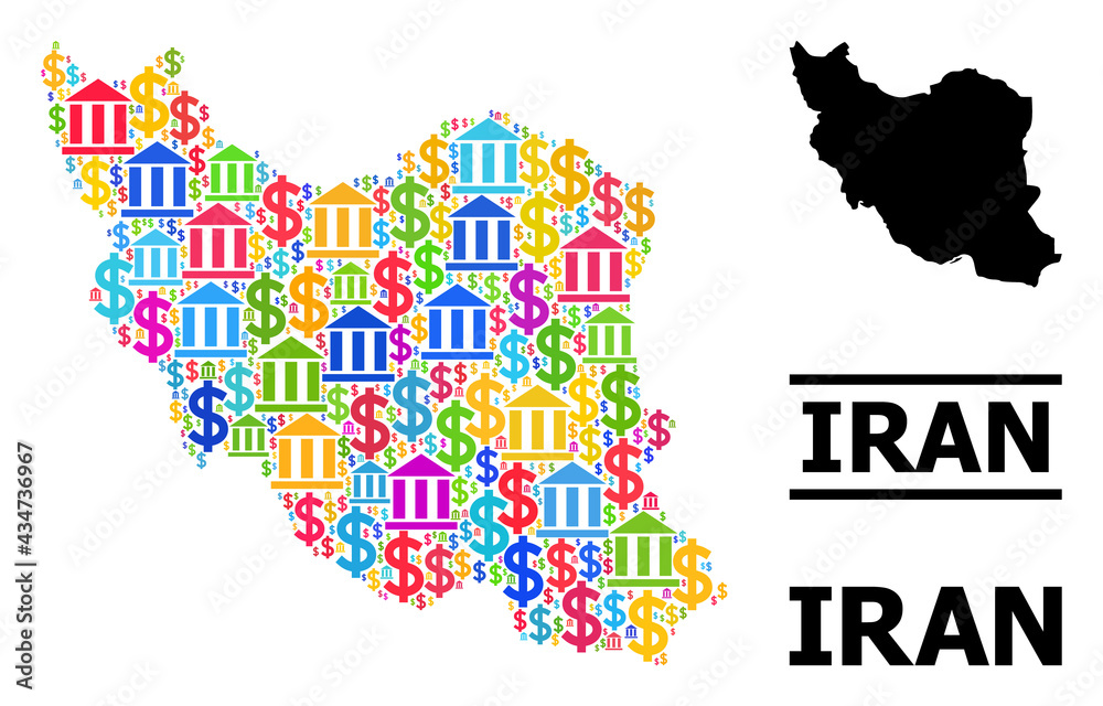 Bright colored bank and commerce mosaic and solid map of Iran. Map of Iran vector mosaic for advertisement campaigns and applications.