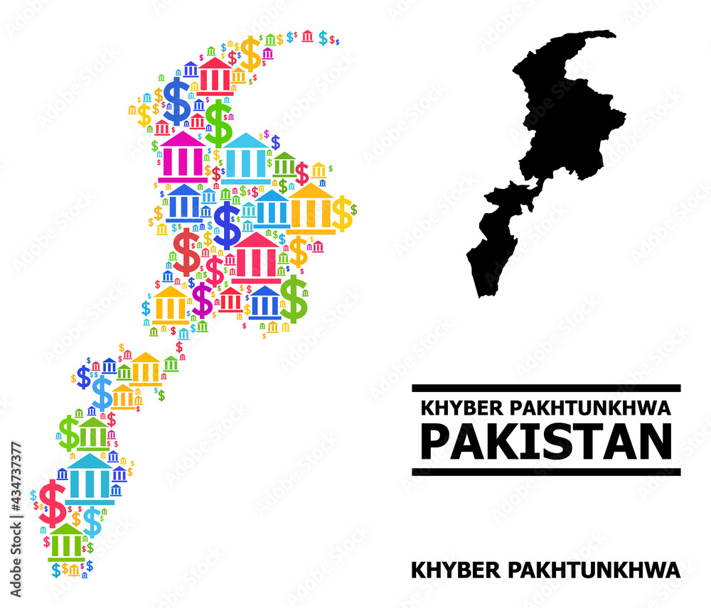 Multicolored bank and dollar mosaic and solid map of Khyber Pakhtunkhwa Province. Map of Khyber Pakhtunkhwa Province vector mosaic for GDP campaigns and purposes.