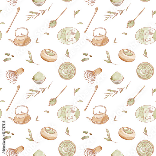 Green traditional asian matcha tea square seamless pattern isolate on white background. Textured watercolor digital art. Print for menu, packaging, brand, cafe, textiles, packaging paper
