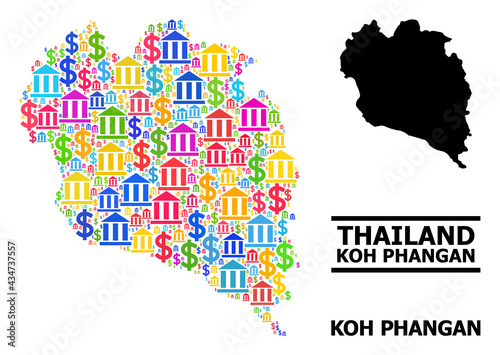 Colored bank and commerce mosaic and solid map of Koh Phangan. Map of Koh Phangan vector mosaic for GDP campaigns and promotion. Map of Koh Phangan is created from colored bank and dollar symbols.